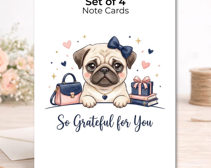 Pug Thank You Cards – Preppy Dog Stationery Set of 4, Appreciation Notes