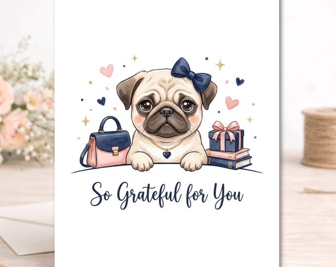 Preppy Pug Thank You Card – Boutique Dog Appreciation Note (Personalized)