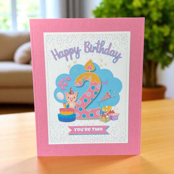 Handmade Pink Pig 2nd Birthday Card: Toddler Girl