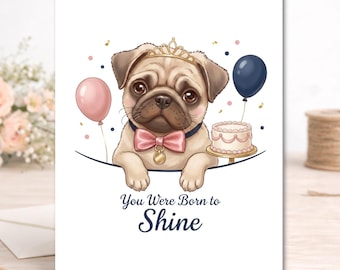 Preppy Pug Birthday Card – Elegant Dog Lover Greeting Card, Pink Navy Puppy Illustration