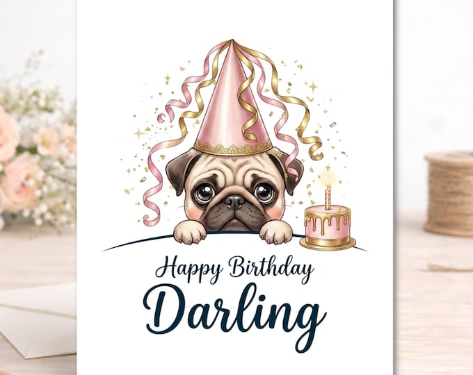 Pug Birthday Card – Golden Puppy with Pink Party Hat