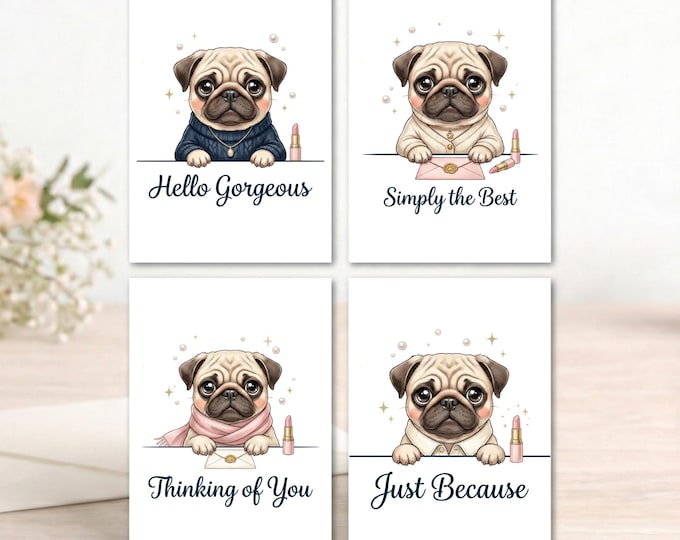 Set of 4 Pug Note Cards – Dog Lover Stationery Variety Pack with Envelopes