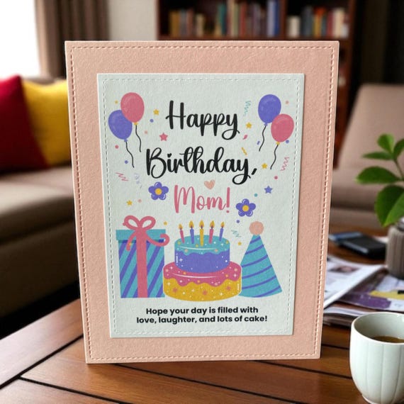 Happy Birthday Mom Card – Handmade with Cake & Balloons – Blank Inside or Custom Message
