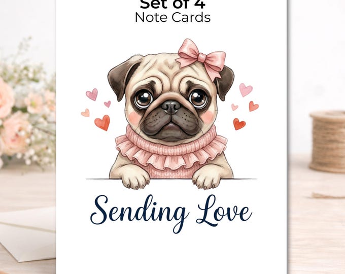 Set of 4 Pug Watercolor Note Cards – Dog Lover Stationery, Encouragement Greeting Cards