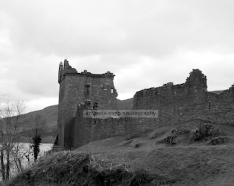Urquhart Castle Loch Ness Scotland black and white photo