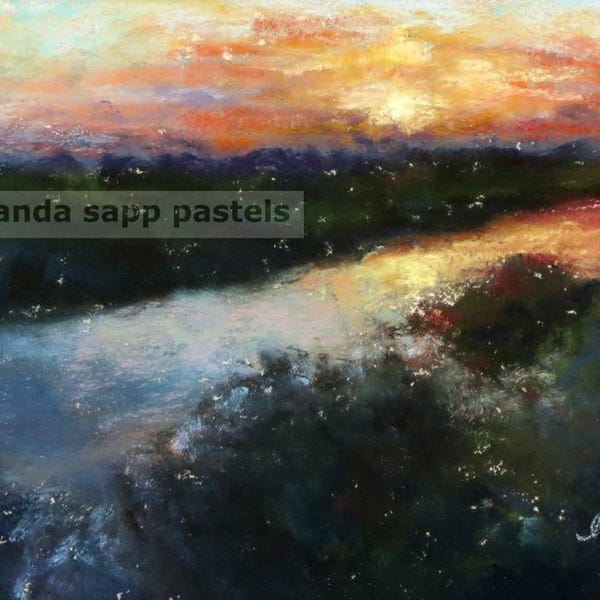 Sunrise pastel painting-sunrise marsh painting-water landscape-dawn painting-sunrise over water-pastel landscape-landscape painting