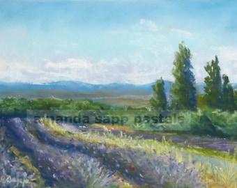 Provence lavender field painting-lavender pastel painting-french landscape-provence landscape-fine art print of original pastel painting