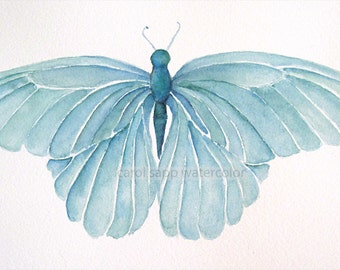 turquoise blue butterfly archival print of watercolor painting