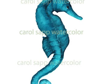 seahorse watercolor in teal archival print of original watercolor-seahorse art-seahorse painting-marine life painting-shore decor-nursery