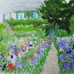 Monet&#39;s garden watercolor-garden painting-giverny watercolor-giverny painting-garden watercolor-french landscape-flower watercolor painting