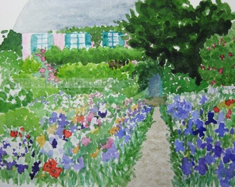 Monet's garden watercolor-garden painting-giverny watercolor-giverny painting-garden watercolor-french landscape-flower watercolor painting