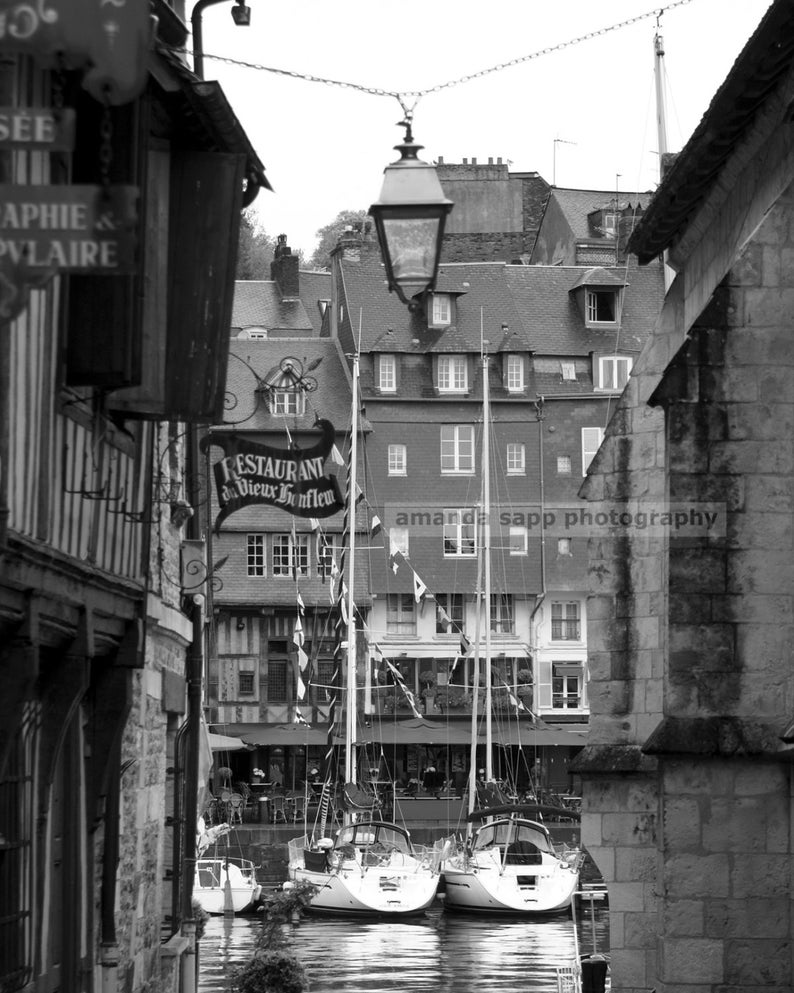 Honfleur boats Honfleur France black and white image 1