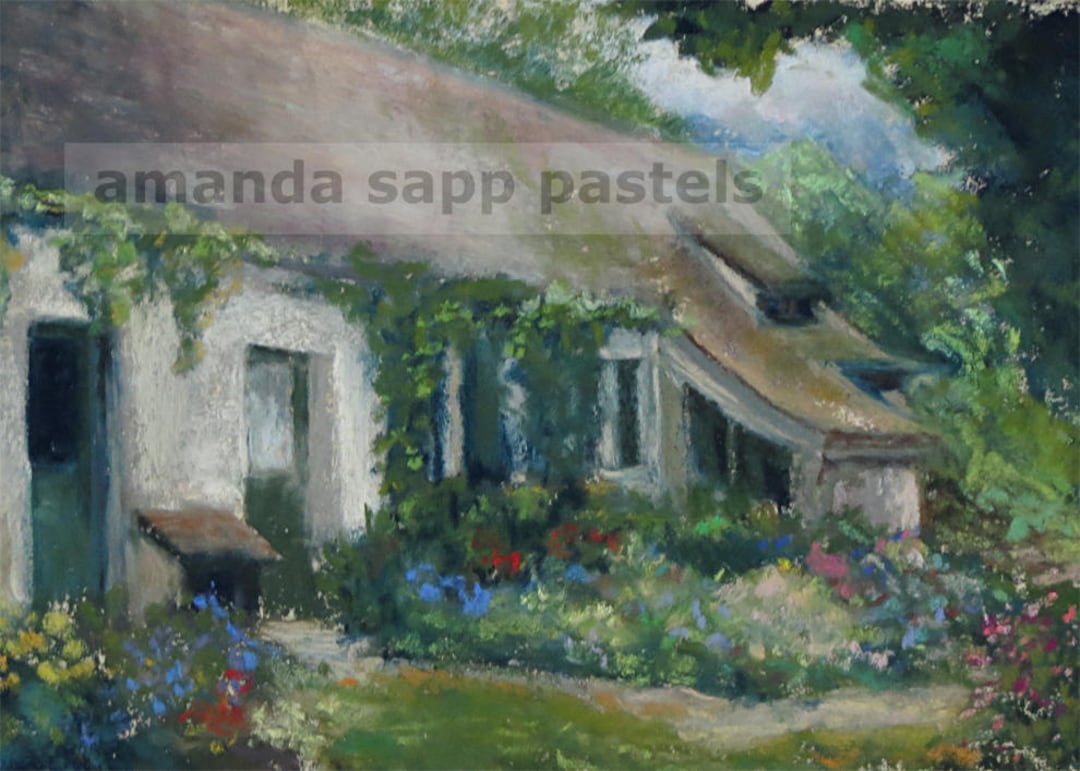 French Cottage Painting-cottage Pastel Art-cottage and Flowers Painting ...