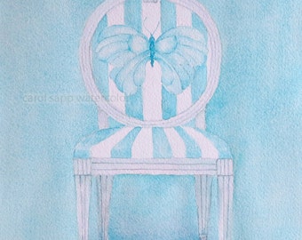 watercolor butterfly french chair print of original watercolor-chair painting-carol sapp-french chair painting-blue butterfly art