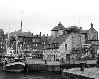 Honfleur France-Honfleur Old Pier-Normandy France-French coast-French travel photo-French seaport-black and white photograph