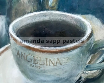 Angelina's Paris-pastel painting-archival print-still life painting-Paris coffee-chocolat chaud-cafe decor-kitchen art-food painting