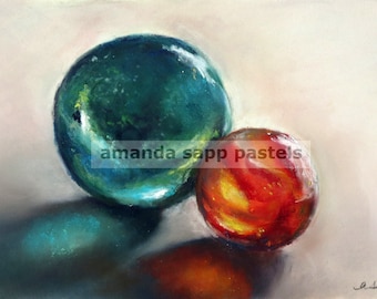 glass marbles painting-glass marbles art-pastel painting-marble still life-marble art-archival print-small format art-glass reflections