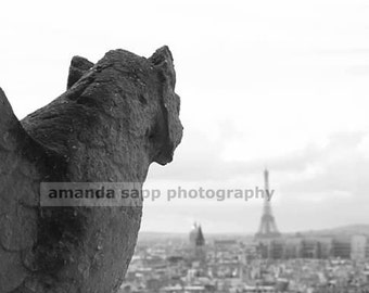 Notre Dame Gargoyle- View of the Eiffel Tower-paris phot-travel photo-cathedral gargoyle-paris skyline-France photo