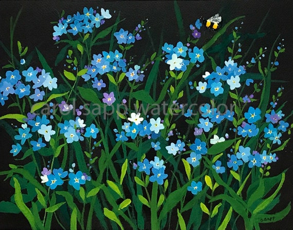 Hand painted original. Guache watercolor on black paper. Size 8 by 10.  Spring blooms. Only 1 available!