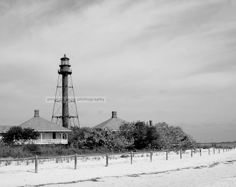 Sanibel Florida beach with lighthouse  black and white photography