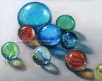 glass marbles painting-glass marbles still life-glass reflections-glass art-archival print-pastel painting-pastel art-colorful marble art