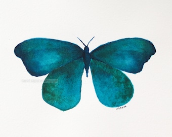 teal butterfly watercolor archival print of original watercolor 8" x 10"