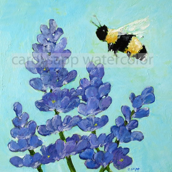 bee painting-bumblebee painting-bee and lavender-garden painting-fine art print-square format-ready to hang
