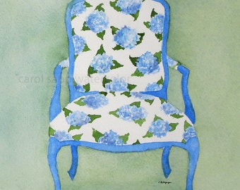 watercolor french chair hydrangea print of original painting-chair painting-carol sapp-french chair painting-blue hydrangea art-select size