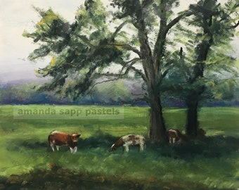 French farm scene-Normandy France  painting-rural cow pasture painting-archival print-pastel art-pastel painting-Giclee archival print