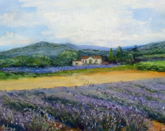 Provence lavender field and house 5" x 7" giclee print of pastel painting