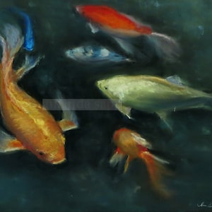 May include: A painting of six colorful koi fish swimming in a dark green pond. The fish are orange, red, yellow, blue, and white.