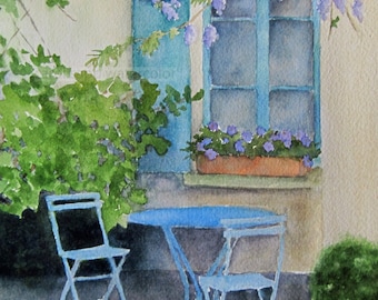 French courtyard watercolor-french courtyard-french country decor-garden painting-garden table painting-wisteria painting-Hotel Baudy
