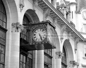 Burberry's clock black and white photograph