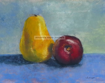 May include: A still life painting of a yellow pear and a red plum on a blue surface. The pear is on the left and the plum is on the right. The painting is signed "L. Chipper" in the lower right corner.