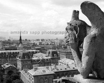 Notre Dame Paris France gargoyle black and white photograph view of Paris