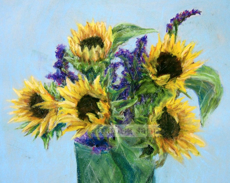 sunflower bouquet-sunflower pastel-sunflower art-still life bouquet-fine art print-archival print-flower painting-flower art-botanical art image 1