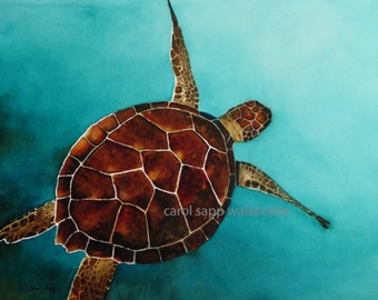 sea turtle-turtle painting-turtle watercolor-archival print of original painting-sea life art-turtle art-shore decor-beach house decor-ocean