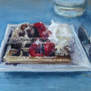 Belgian Waffle painting-belgian waffle art-dessert painting-kitchen art-food painting-cafe decor-bakery decor-archival print-pastel painting
