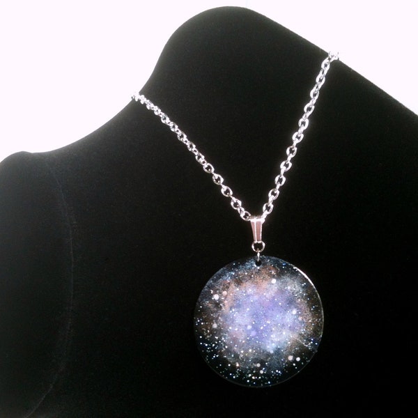 Large Stargazer Nebula Pendant Handpainted Lavender, Creamsicle Orange & White necklace by Roots and Wings Designs.