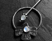 Thunderbird Hair Accessory - Natural Rainbow Moonstone and Sterling Silver Hand Stamped and Fabricated Hair Hoop with Stick Pin Pick