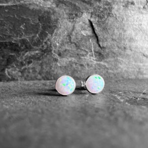 Opal Earrings - Sweet Small Tiny Round Shimmery Lab Created Iridescent Opal and Sterling Silver Petite Gemstone Post Stud Earrings
