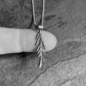May include: A silver necklace with a delicate, detailed pendant shaped like a pine branch.