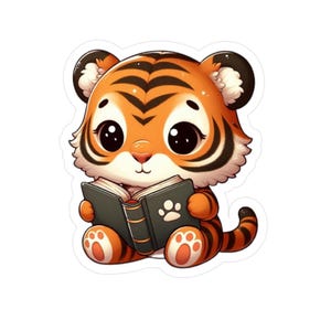 Tijger leest een boek vinyl decal, sticker boekenliefhebber, schattige tijger laptop sticker, vinyl sticker, sticker waterfles