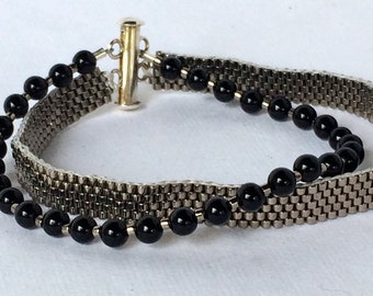 Hand made, Peyote Stitched Cuff Bracelet with  Strand of Onyx Beads