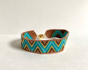 Peyote Stitch Cuff Bracelet in Chevron Design in Blue and Gold