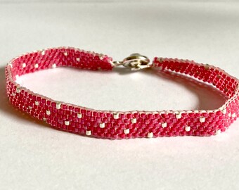 Peyote Stitch Cuff in Red with Silver Raindrops