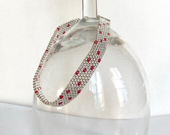 Peyote Stitched Bracelet Cuff in Silver with Red Raindrops