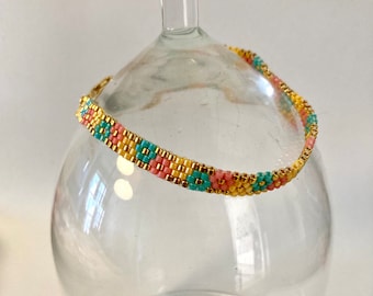 Peyote Stitched Cuff Bracelet in Multicolored Flower Motif