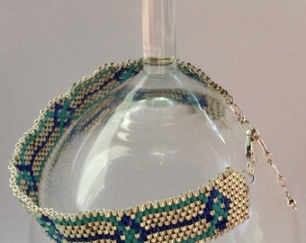 Handmade Peyote Stitch Cuff Bracelet in Art Deco Pattern in Blue and Silver