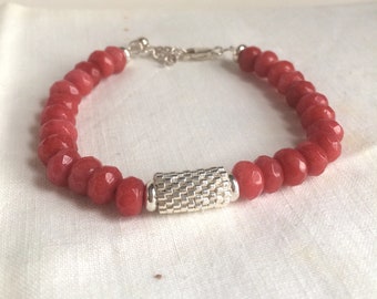 Stone Beaded Bracelet with Silver Peyote Stitched Tube Beads